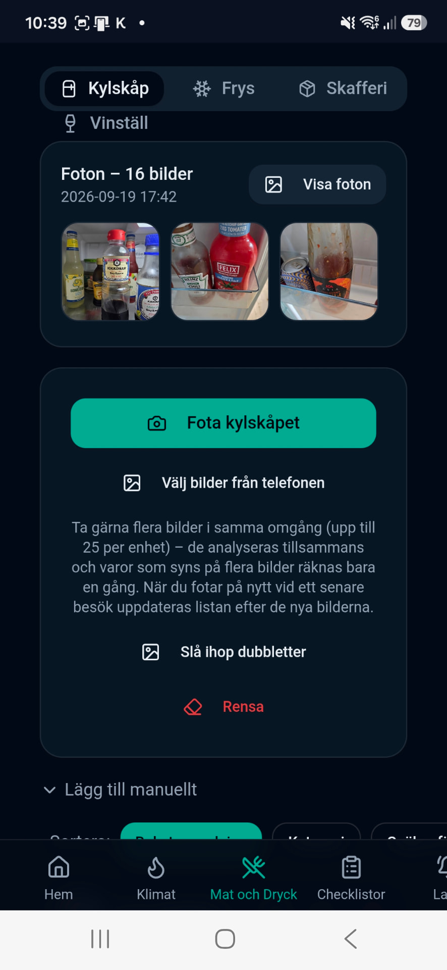 CottageMates funktion för att fotografera och samla innehållet i kylskåpet.
