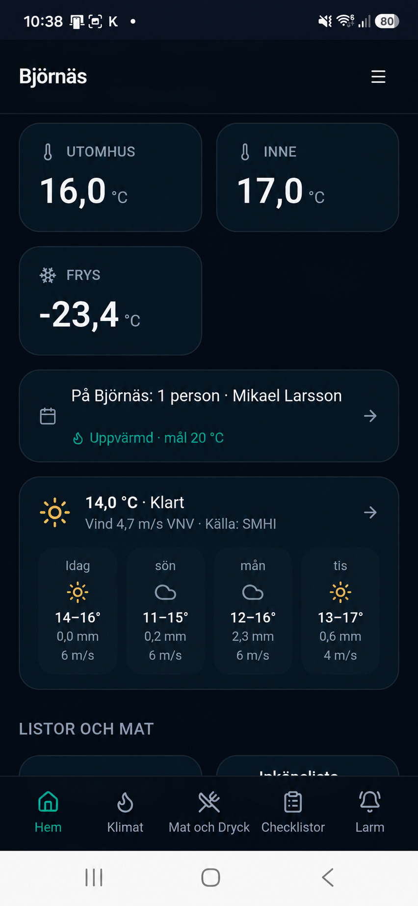 Översikt i Björnäs-appen med temperatur, frys, vistelse, uppvärmning och väder.
