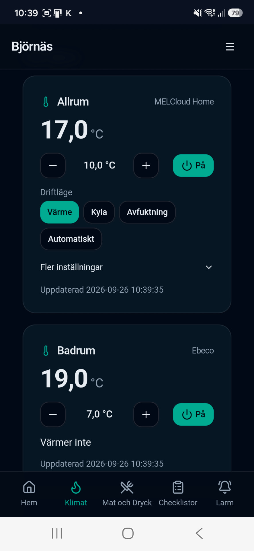 Klimatstyrning för värmepump och golvvärme i Björnäs-appen.